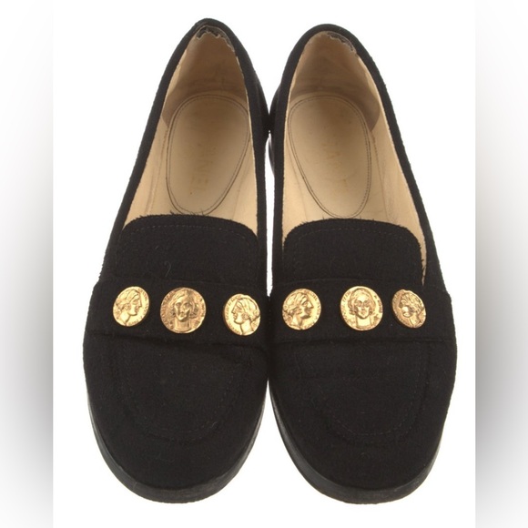 Chanel Black wool tweed with Gold coins Coco Chanel symbols moccasins flats 38.5 - Picture 1 of 4